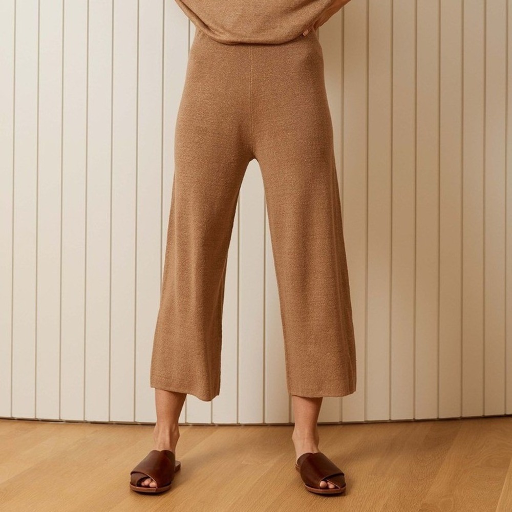 St. Agni Linen Knit Lounge‎ Pant Size M Tan Cropped Wide Leg Pull On High Rise